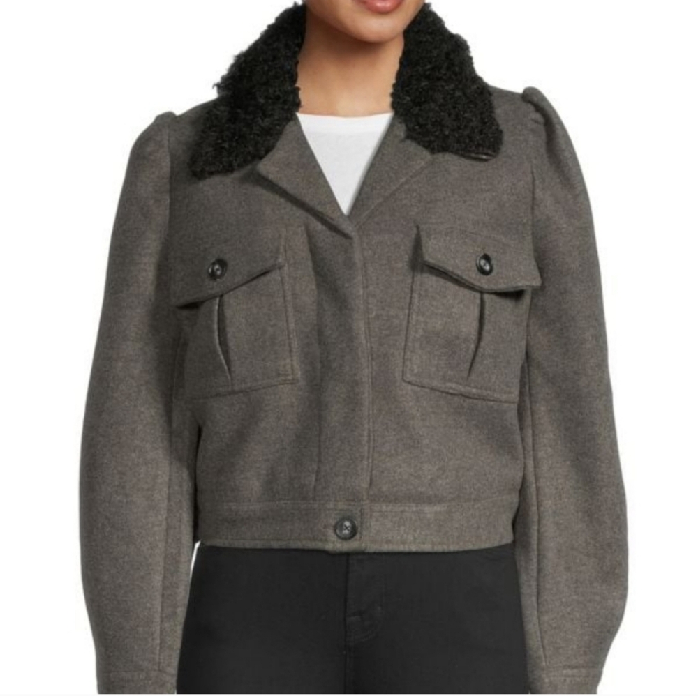 NWT Dh NEW YORK​​ Grey Cropped JFaux Fur Trim Tailored Jacket sz XS